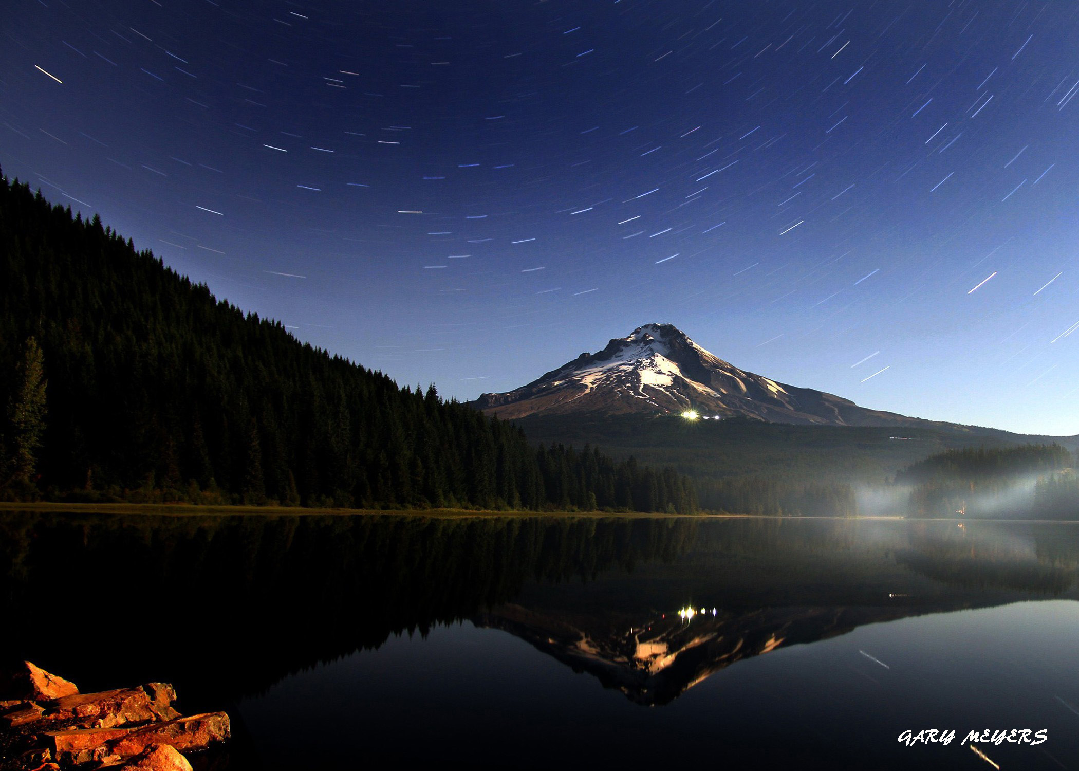 Star trails over Trillium Lake and Mt Hood Oregon
