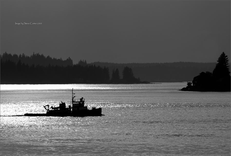 Tug Sunset in Black and White