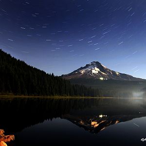 Star trails over Trillium Lake and Mt Hood Oregon